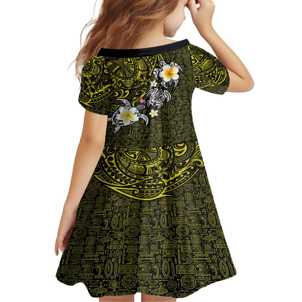 Hawaiian Turtle and Plumeria Family Matching Off Shoulder Maxi Dress and Hawaiian Shirt Polynesian Tattoo and Tribal Elements Pattern Yellow Color LT03 - Polynesian Pride