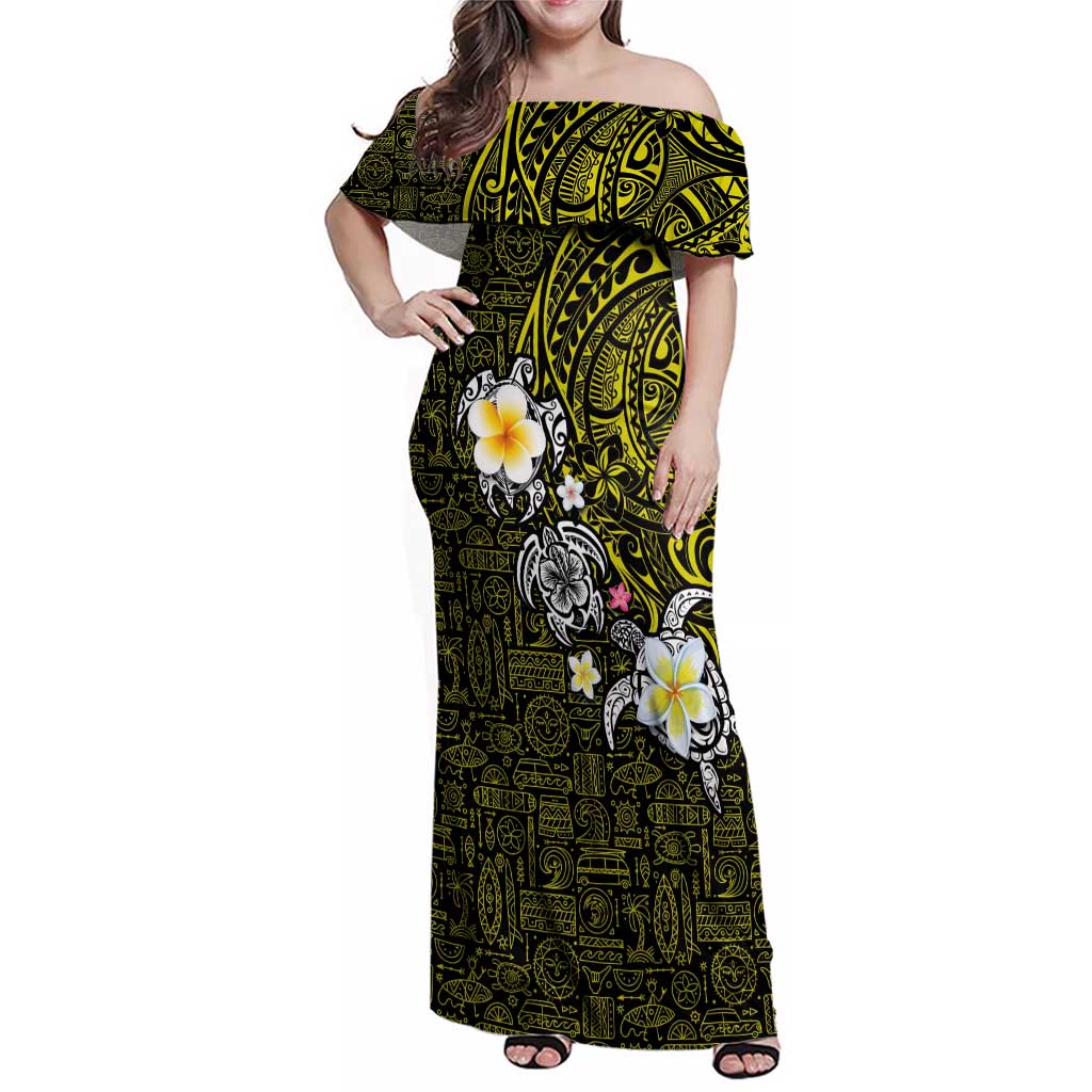 Hawaiian Turtle and Plumeria Family Matching Off Shoulder Maxi Dress and Hawaiian Shirt Polynesian Tattoo and Tribal Elements Pattern Yellow Color LT03 Mom's Dress Yellow - Polynesian Pride