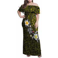 Hawaiian Turtle and Plumeria Family Matching Off Shoulder Maxi Dress and Hawaiian Shirt Polynesian Tattoo and Tribal Elements Pattern Yellow Color LT03 Mom's Dress Yellow - Polynesian Pride
