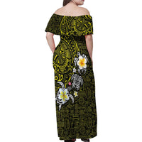 Hawaiian Turtle and Plumeria Family Matching Off Shoulder Maxi Dress and Hawaiian Shirt Polynesian Tattoo and Tribal Elements Pattern Yellow Color LT03 - Polynesian Pride