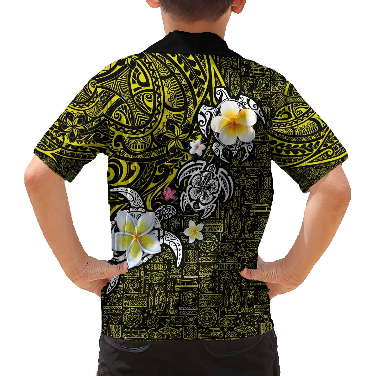 Hawaiian Turtle and Plumeria Family Matching Off Shoulder Short Dress and Hawaiian Shirt Polynesian Tattoo and Tribal Elements Pattern Yellow Color LT03 - Polynesian Pride