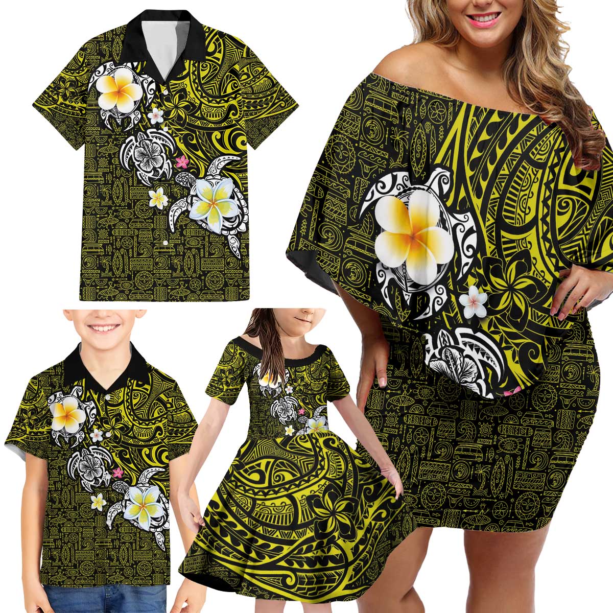 Hawaiian Turtle and Plumeria Family Matching Off Shoulder Short Dress and Hawaiian Shirt Polynesian Tattoo and Tribal Elements Pattern Yellow Color LT03 - Polynesian Pride
