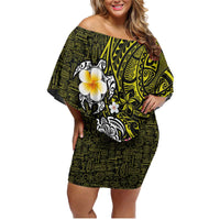 Hawaiian Turtle and Plumeria Family Matching Off Shoulder Short Dress and Hawaiian Shirt Polynesian Tattoo and Tribal Elements Pattern Yellow Color LT03 Mom's Dress Yellow - Polynesian Pride