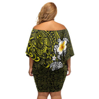 Hawaiian Turtle and Plumeria Family Matching Off Shoulder Short Dress and Hawaiian Shirt Polynesian Tattoo and Tribal Elements Pattern Yellow Color LT03 - Polynesian Pride