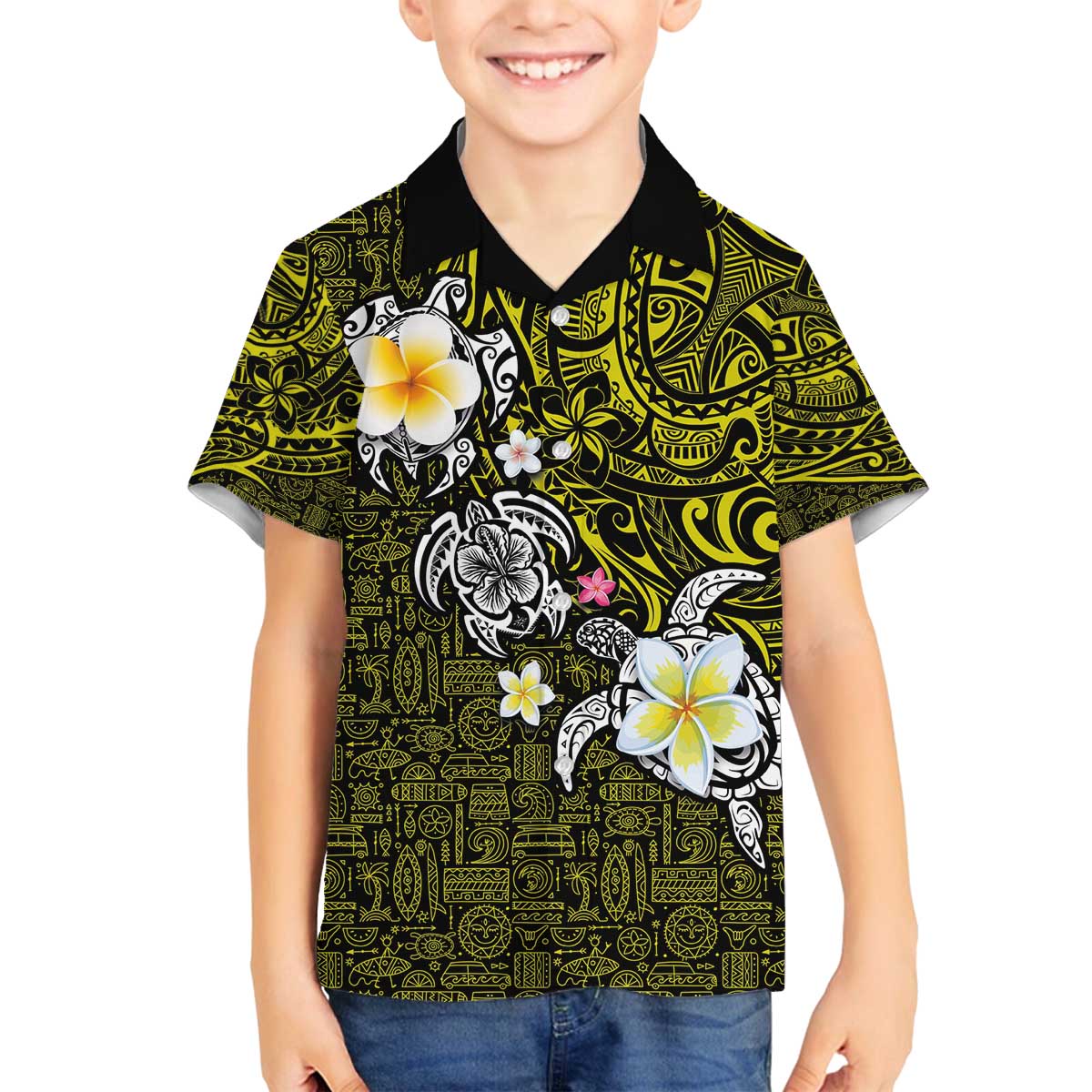Hawaiian Turtle and Plumeria Family Matching Off Shoulder Short Dress and Hawaiian Shirt Polynesian Tattoo and Tribal Elements Pattern Yellow Color LT03 Son's Shirt Yellow - Polynesian Pride