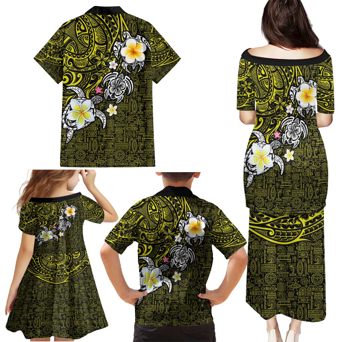 Hawaiian Turtle and Plumeria Family Matching Puletasi and Hawaiian Shirt Polynesian Tattoo and Tribal Elements Pattern Yellow Color LT03 - Polynesian Pride