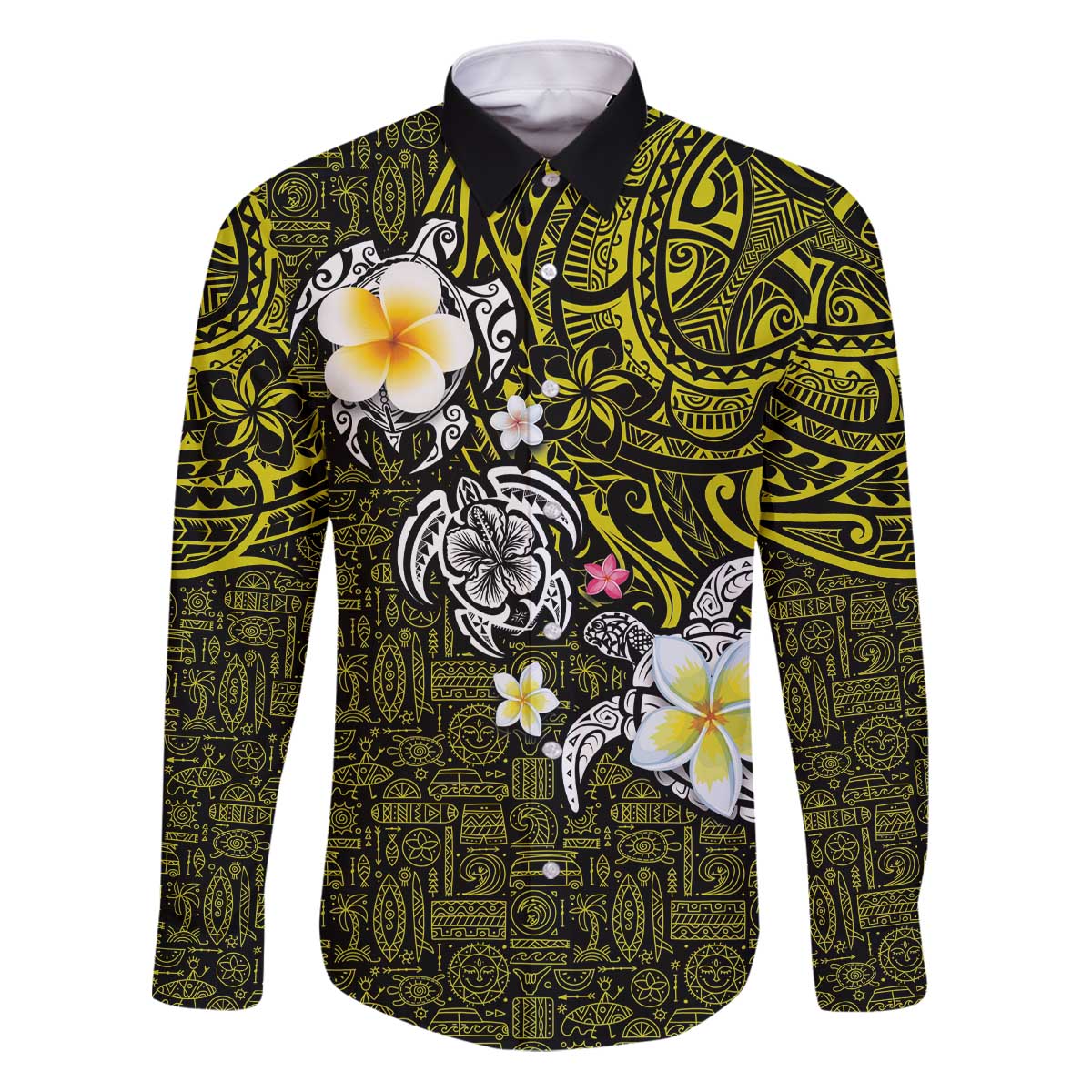 Hawaiian Turtle and Plumeria Family Matching Puletasi and Hawaiian Shirt Polynesian Tattoo and Tribal Elements Pattern Yellow Color LT03 Dad's Shirt - Long Sleeve Yellow - Polynesian Pride