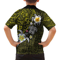 Hawaiian Turtle and Plumeria Family Matching Short Sleeve Bodycon Dress and Hawaiian Shirt Polynesian Tattoo and Tribal Elements Pattern Yellow Color LT03 - Polynesian Pride