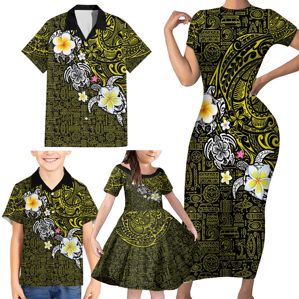Hawaiian Turtle and Plumeria Family Matching Short Sleeve Bodycon Dress and Hawaiian Shirt Polynesian Tattoo and Tribal Elements Pattern Yellow Color LT03 - Polynesian Pride
