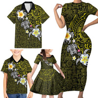 Hawaiian Turtle and Plumeria Family Matching Short Sleeve Bodycon Dress and Hawaiian Shirt Polynesian Tattoo and Tribal Elements Pattern Yellow Color LT03 - Polynesian Pride