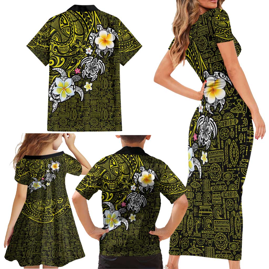 Hawaiian Turtle and Plumeria Family Matching Short Sleeve Bodycon Dress and Hawaiian Shirt Polynesian Tattoo and Tribal Elements Pattern Yellow Color LT03 - Polynesian Pride