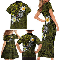 Hawaiian Turtle and Plumeria Family Matching Short Sleeve Bodycon Dress and Hawaiian Shirt Polynesian Tattoo and Tribal Elements Pattern Yellow Color LT03 - Polynesian Pride
