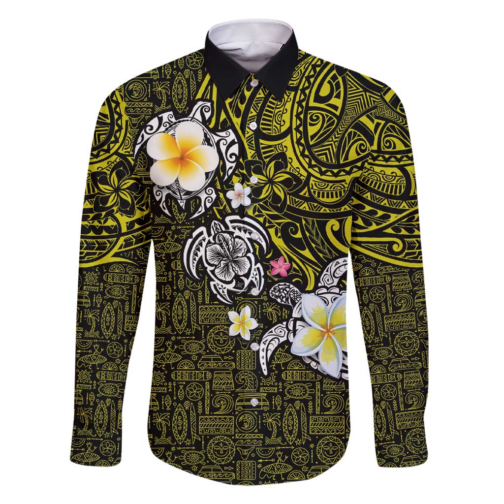 Hawaiian Turtle and Plumeria Family Matching Short Sleeve Bodycon Dress and Hawaiian Shirt Polynesian Tattoo and Tribal Elements Pattern Yellow Color LT03 Dad's Shirt - Long Sleeve Yellow - Polynesian Pride
