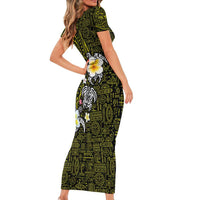 Hawaiian Turtle and Plumeria Family Matching Short Sleeve Bodycon Dress and Hawaiian Shirt Polynesian Tattoo and Tribal Elements Pattern Yellow Color LT03 - Polynesian Pride