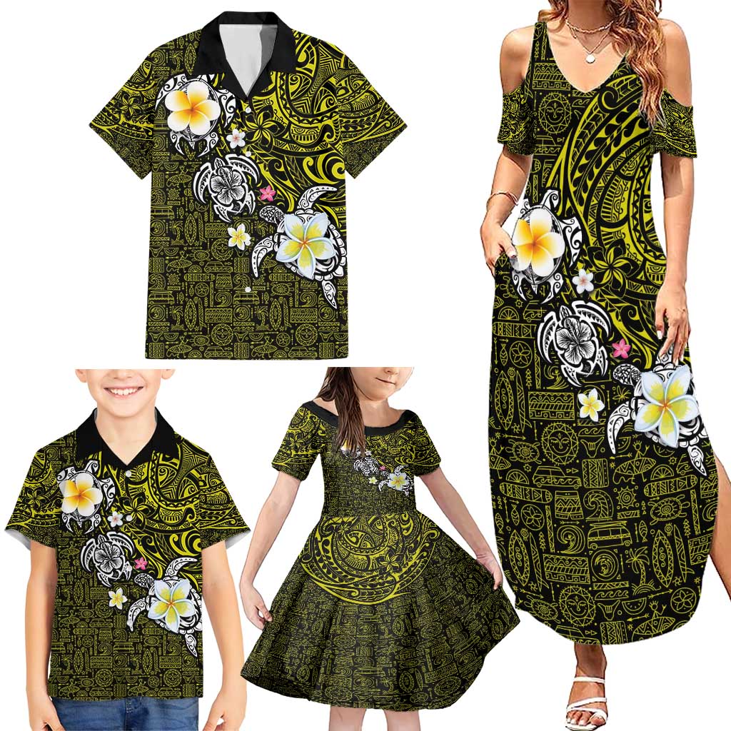 Hawaiian Turtle and Plumeria Family Matching Summer Maxi Dress and Hawaiian Shirt Polynesian Tattoo and Tribal Elements Pattern Yellow Color LT03 - Polynesian Pride