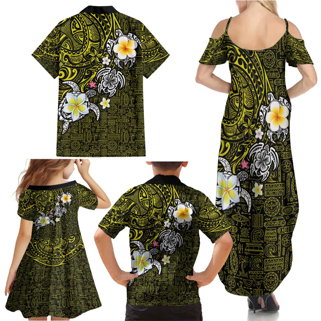 Hawaiian Turtle and Plumeria Family Matching Summer Maxi Dress and Hawaiian Shirt Polynesian Tattoo and Tribal Elements Pattern Yellow Color LT03 - Polynesian Pride