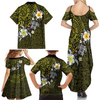 Hawaiian Turtle and Plumeria Family Matching Summer Maxi Dress and Hawaiian Shirt Polynesian Tattoo and Tribal Elements Pattern Yellow Color LT03 - Polynesian Pride