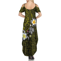 Hawaiian Turtle and Plumeria Family Matching Summer Maxi Dress and Hawaiian Shirt Polynesian Tattoo and Tribal Elements Pattern Yellow Color LT03 - Polynesian Pride