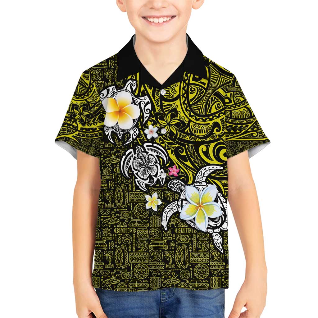 Hawaiian Turtle and Plumeria Family Matching Summer Maxi Dress and Hawaiian Shirt Polynesian Tattoo and Tribal Elements Pattern Yellow Color LT03 Son's Shirt Yellow - Polynesian Pride