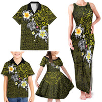 Hawaiian Turtle and Plumeria Family Matching Tank Maxi Dress and Hawaiian Shirt Polynesian Tattoo and Tribal Elements Pattern Yellow Color LT03 - Polynesian Pride