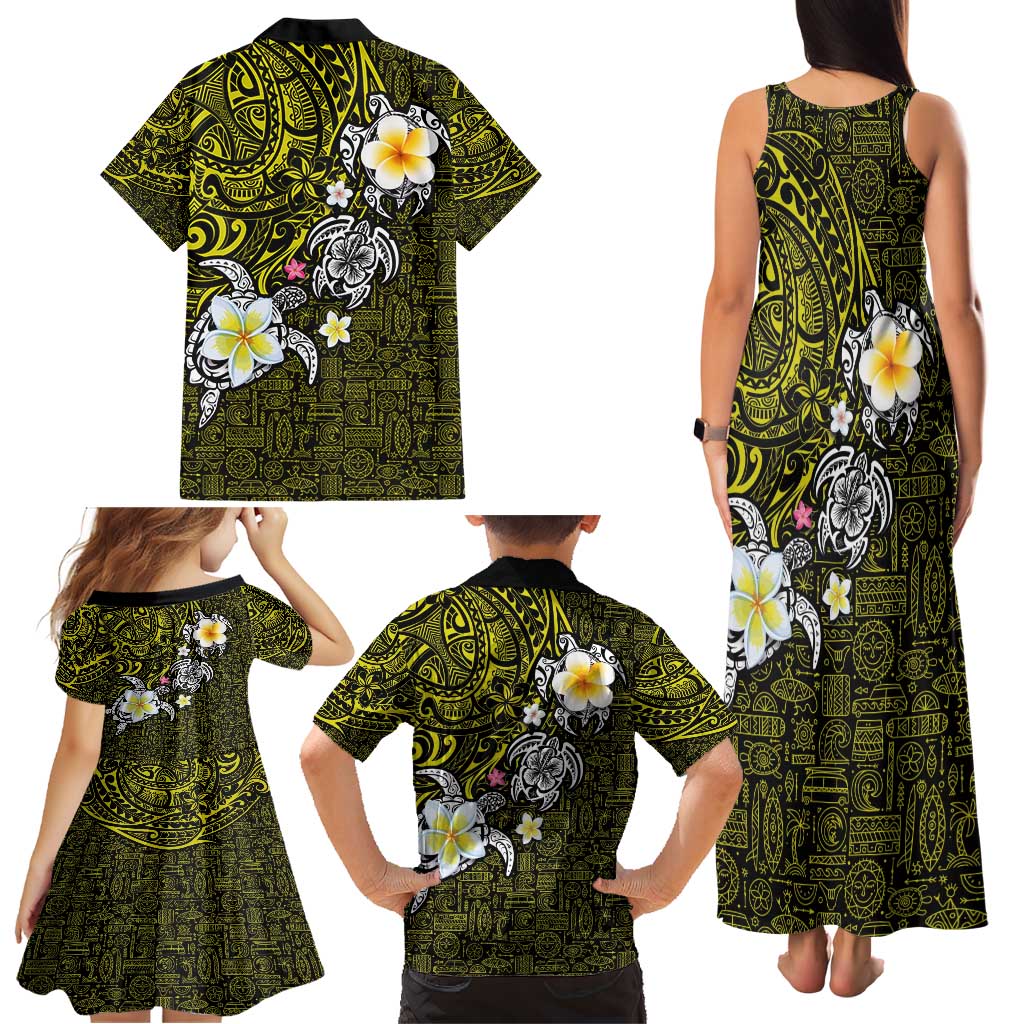 Hawaiian Turtle and Plumeria Family Matching Tank Maxi Dress and Hawaiian Shirt Polynesian Tattoo and Tribal Elements Pattern Yellow Color LT03 - Polynesian Pride