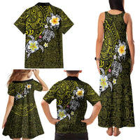 Hawaiian Turtle and Plumeria Family Matching Tank Maxi Dress and Hawaiian Shirt Polynesian Tattoo and Tribal Elements Pattern Yellow Color LT03 - Polynesian Pride