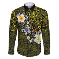 Hawaiian Turtle and Plumeria Family Matching Tank Maxi Dress and Hawaiian Shirt Polynesian Tattoo and Tribal Elements Pattern Yellow Color LT03 Dad's Shirt - Long Sleeve Yellow - Polynesian Pride