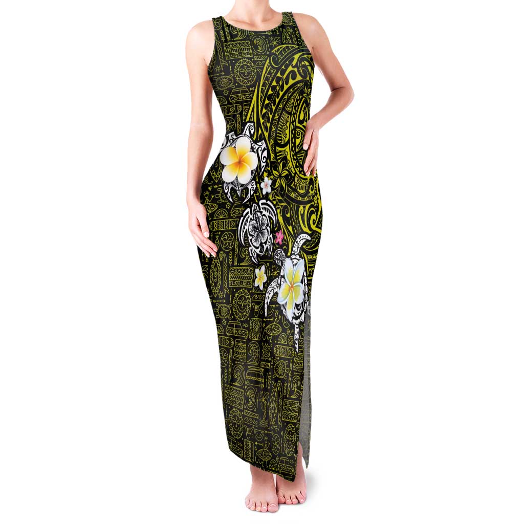 Hawaiian Turtle and Plumeria Family Matching Tank Maxi Dress and Hawaiian Shirt Polynesian Tattoo and Tribal Elements Pattern Yellow Color LT03 Mom's Dress Yellow - Polynesian Pride