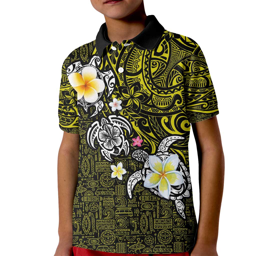 Hawaiian Turtle and Plumeria Kid Polo Shirt Polynesian Tattoo and Tribal Elements Pattern Yellow Color