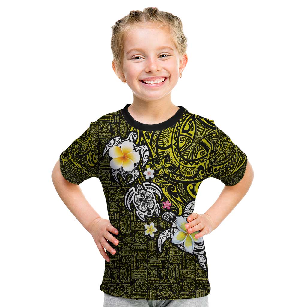 Hawaiian Turtle and Plumeria Kid T Shirt Polynesian Tattoo and Tribal Elements Pattern Yellow Color