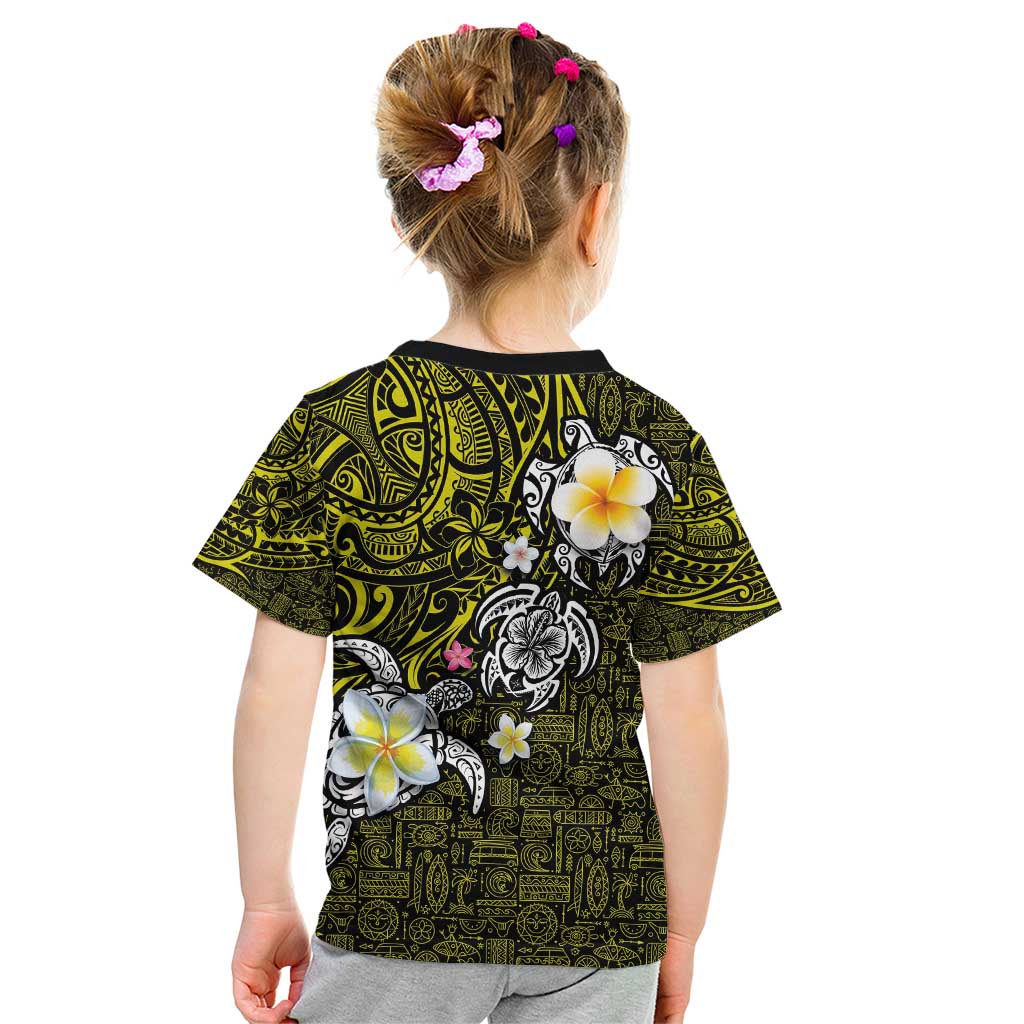 Hawaiian Turtle and Plumeria Kid T Shirt Polynesian Tattoo and Tribal Elements Pattern Yellow Color