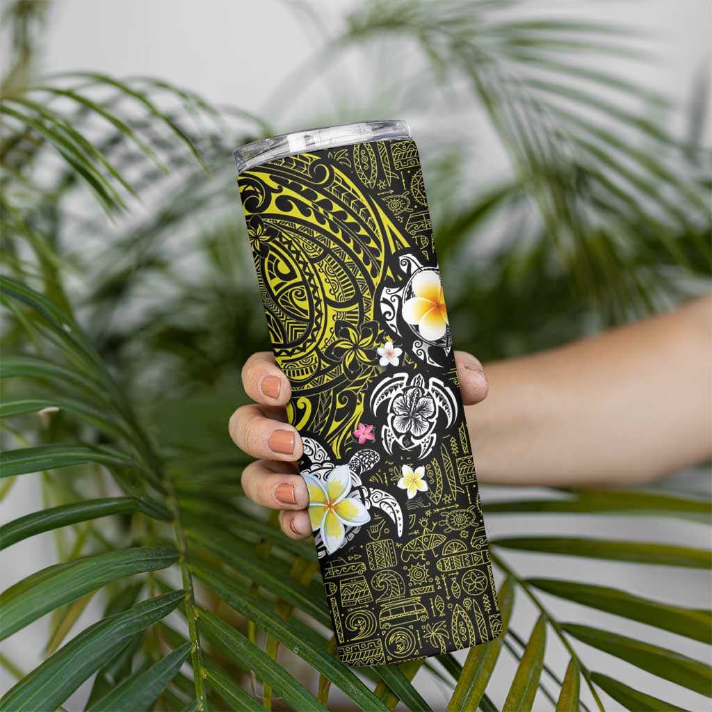 Hawaiian Turtle and Plumeria Skinny Tumbler Polynesian Tattoo and Tribal Elements Pattern Yellow Color