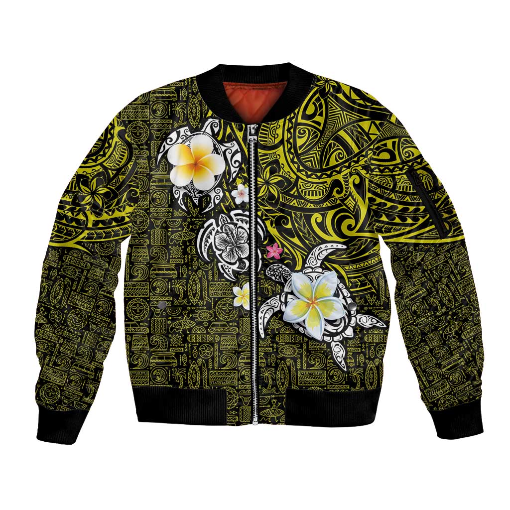 Hawaiian Turtle and Plumeria Sleeve Zip Bomber Jacket Polynesian Tattoo and Tribal Elements Pattern Yellow Color LT03 Unisex Yellow - Polynesian Pride