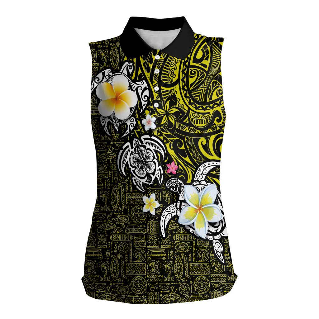 Hawaiian Turtle and Plumeria Women Sleeveless Polo Shirt Polynesian Tattoo and Tribal Elements Pattern Yellow Color