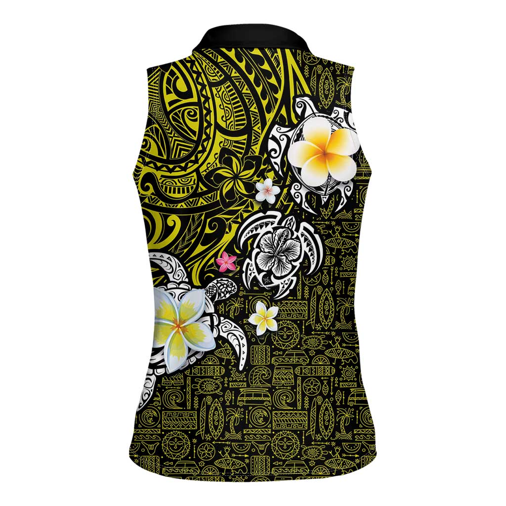 Hawaiian Turtle and Plumeria Women Sleeveless Polo Shirt Polynesian Tattoo and Tribal Elements Pattern Yellow Color