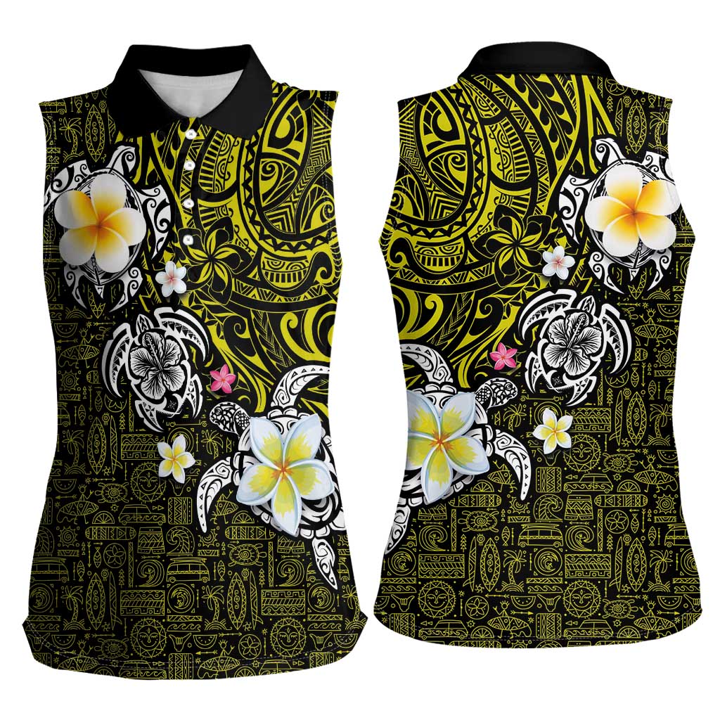 Hawaiian Turtle and Plumeria Women Sleeveless Polo Shirt Polynesian Tattoo and Tribal Elements Pattern Yellow Color