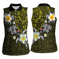 Hawaiian Turtle and Plumeria Women Sleeveless Polo Shirt Polynesian Tattoo and Tribal Elements Pattern Yellow Color