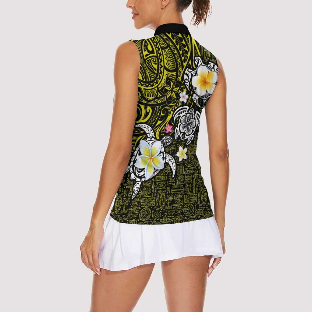 Hawaiian Turtle and Plumeria Women Sleeveless Polo Shirt Polynesian Tattoo and Tribal Elements Pattern Yellow Color