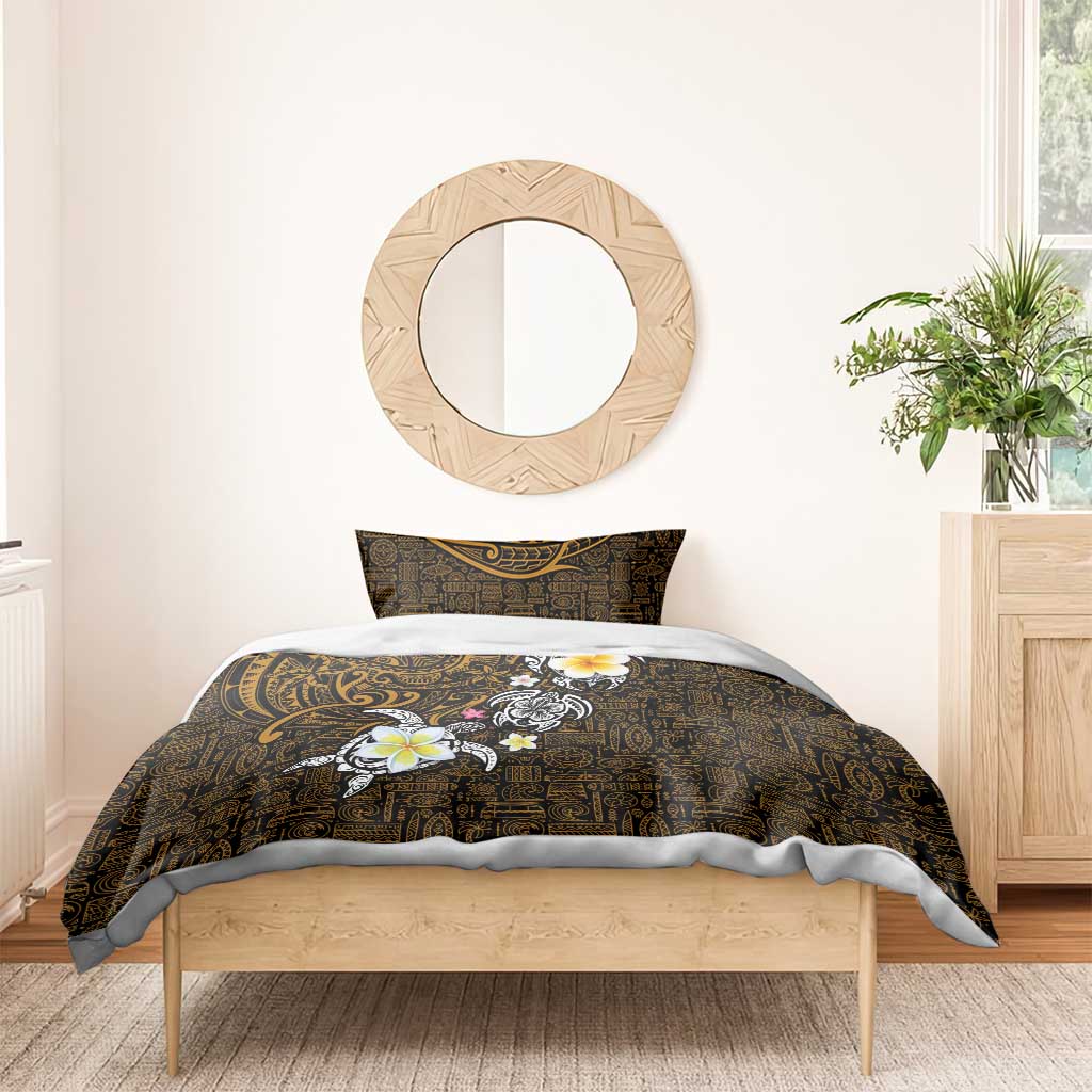 Hawaiian Turtle and Plumeria Bedding Set Polynesian Tattoo and Tribal Elements Pattern Orange Color