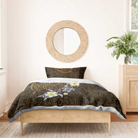 Hawaiian Turtle and Plumeria Bedding Set Polynesian Tattoo and Tribal Elements Pattern Orange Color