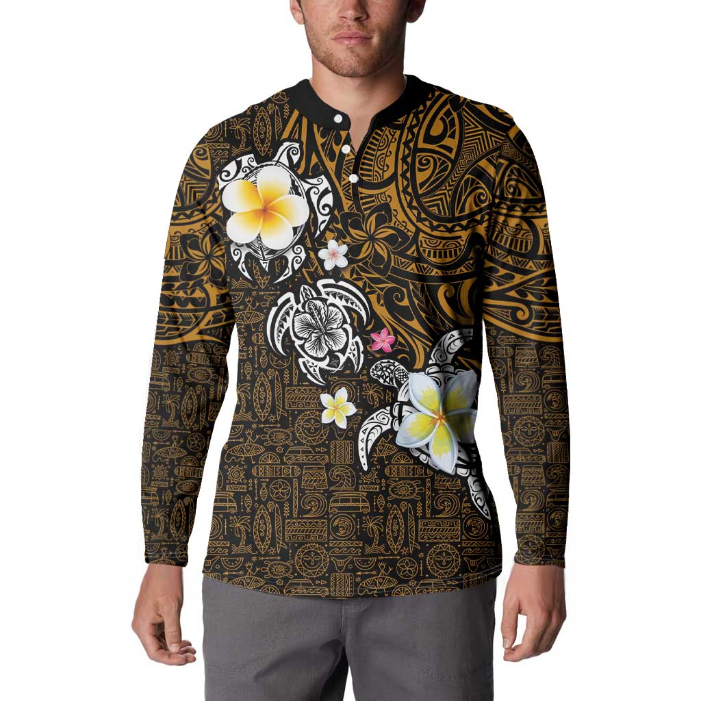 Hawaiian Turtle and Plumeria Button Sweatshirt Polynesian Tattoo and Tribal Elements Pattern Orange Color