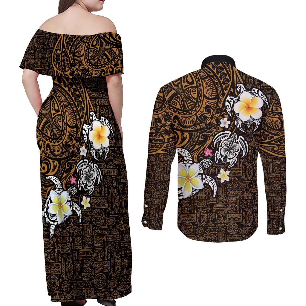 Hawaiian Turtle and Plumeria Couples Matching Off Shoulder Maxi Dress and Long Sleeve Button Shirt Polynesian Tattoo and Tribal Elements Pattern Orange Color