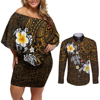 Hawaiian Turtle and Plumeria Couples Matching Off Shoulder Short Dress and Long Sleeve Button Shirt Polynesian Tattoo and Tribal Elements Pattern Orange Color