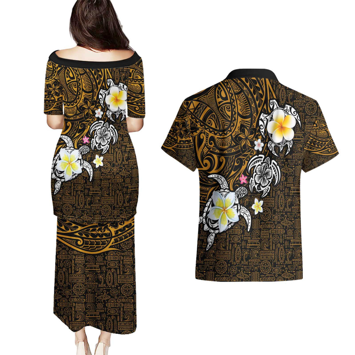 Hawaiian Turtle and Plumeria Couples Matching Puletasi and Hawaiian Shirt Polynesian Tattoo and Tribal Elements Pattern Orange Color