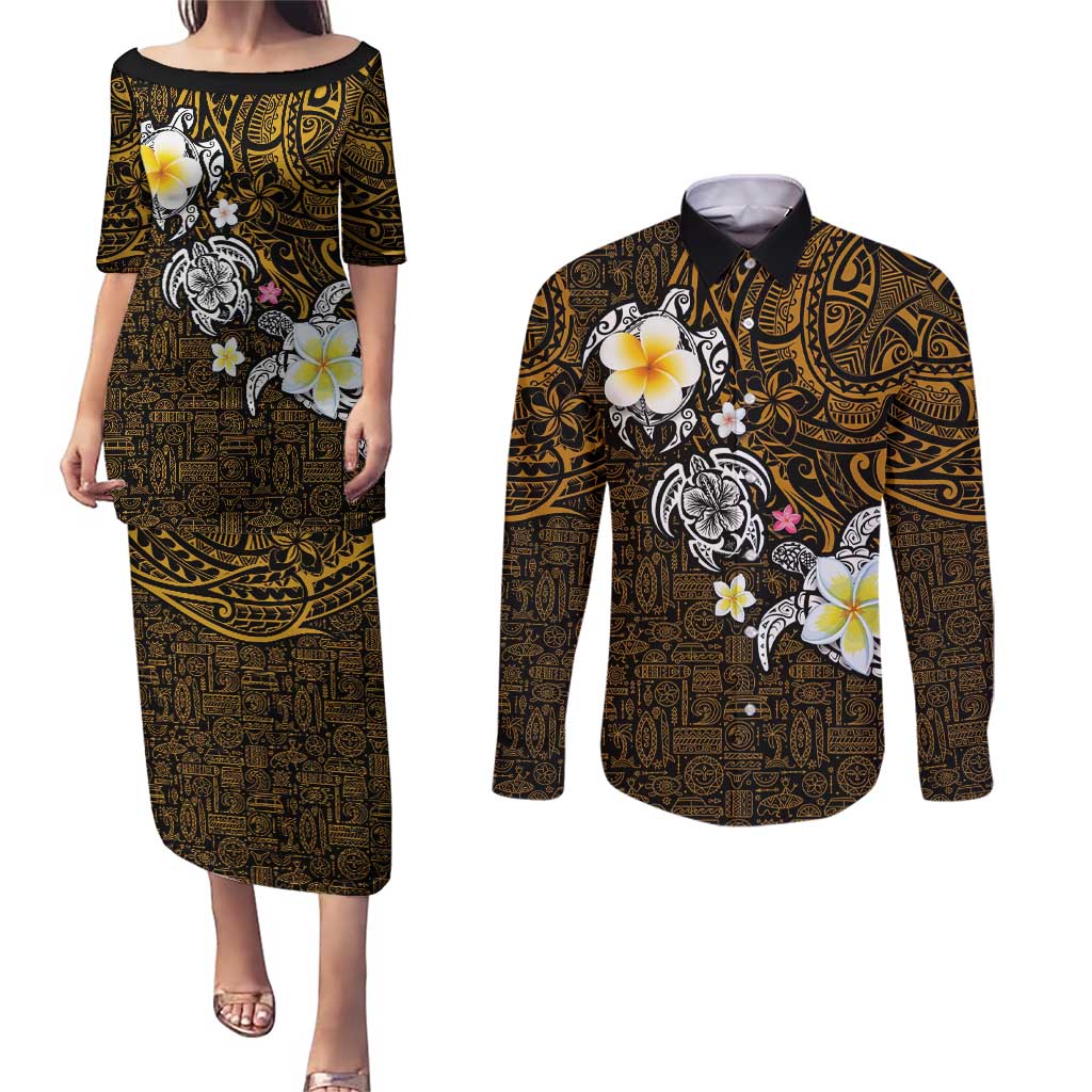 Hawaiian Turtle and Plumeria Couples Matching Puletasi and Long Sleeve Button Shirt Polynesian Tattoo and Tribal Elements Pattern Orange Color