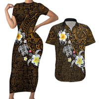 Hawaiian Turtle and Plumeria Couples Matching Short Sleeve Bodycon Dress and Hawaiian Shirt Polynesian Tattoo and Tribal Elements Pattern Orange Color LT03 Orange - Polynesian Pride