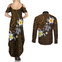 Hawaiian Turtle and Plumeria Couples Matching Summer Maxi Dress and Long Sleeve Button Shirt Polynesian Tattoo and Tribal Elements Pattern Orange Color
