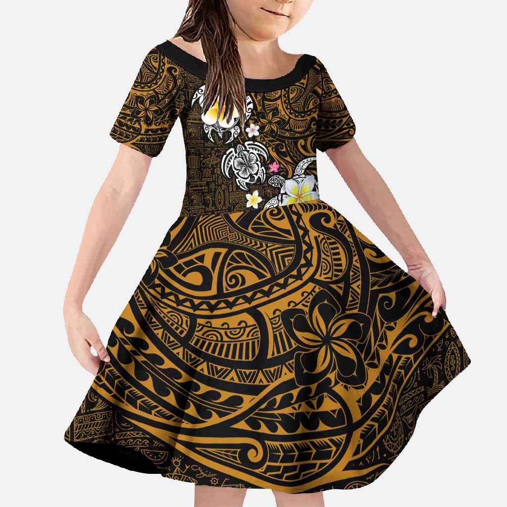 Hawaiian Turtle and Plumeria Family Matching Long Sleeve Bodycon Dress and Hawaiian Shirt Polynesian Tattoo and Tribal Elements Pattern Orange Color LT03 Daughter's Dress Orange - Polynesian Pride