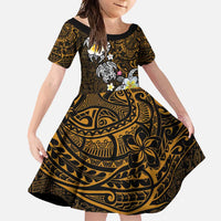 Hawaiian Turtle and Plumeria Family Matching Long Sleeve Bodycon Dress and Hawaiian Shirt Polynesian Tattoo and Tribal Elements Pattern Orange Color LT03 Daughter's Dress Orange - Polynesian Pride