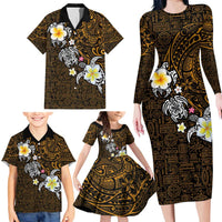 Hawaiian Turtle and Plumeria Family Matching Long Sleeve Bodycon Dress and Hawaiian Shirt Polynesian Tattoo and Tribal Elements Pattern Orange Color LT03 - Polynesian Pride